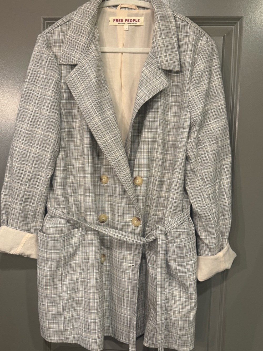 Free People Light Gray Plaid Double-Breasted Belted Blazer